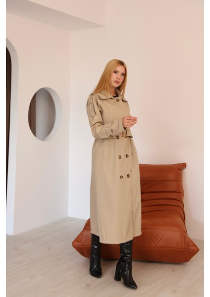 Kadın Uzun Kemerli Trençkot - Bej & Siyah Renk Seçenekli Şık Dış Giyim fiyatları