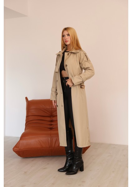 Kadın Uzun Kemerli Trençkot - Bej & Siyah Renk Seçenekli Şık Dış Giyim modelleri