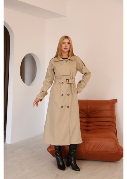 Kadın Uzun Kemerli Trençkot - Bej & Siyah Renk Seçenekli Şık Dış Giyim indirimleri