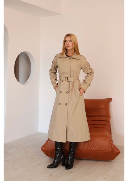 Kadın Uzun Kemerli Trençkot - Bej & Siyah Renk Seçenekli Şık Dış Giyim