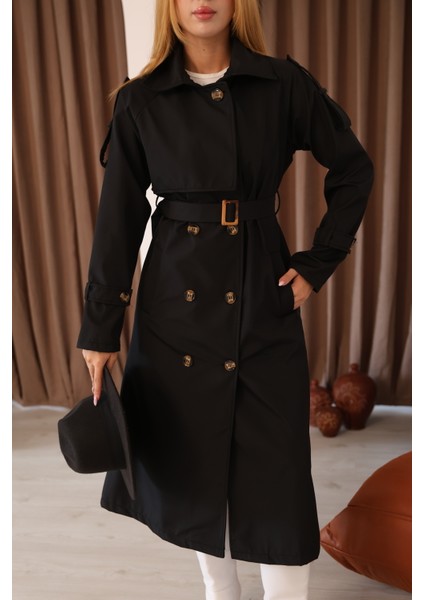 Kadın Uzun Kemerli Trençkot - Bej & Siyah Renk Seçenekli Şık Dış Giyim