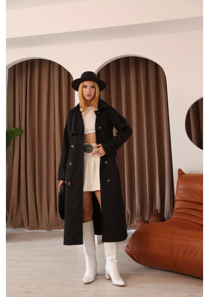 Kadın Uzun Kemerli Trençkot - Bej & Siyah Renk Seçenekli Şık Dış Giyim modelleri