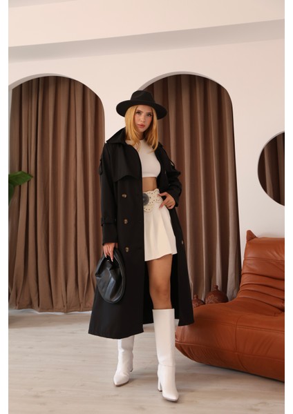 Kadın Uzun Kemerli Trençkot - Bej & Siyah Renk Seçenekli Şık Dış Giyim fırsatları