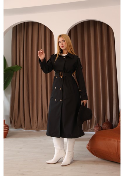 Kadın Uzun Kemerli Trençkot - Bej & Siyah Renk Seçenekli Şık Dış Giyim indirimleri