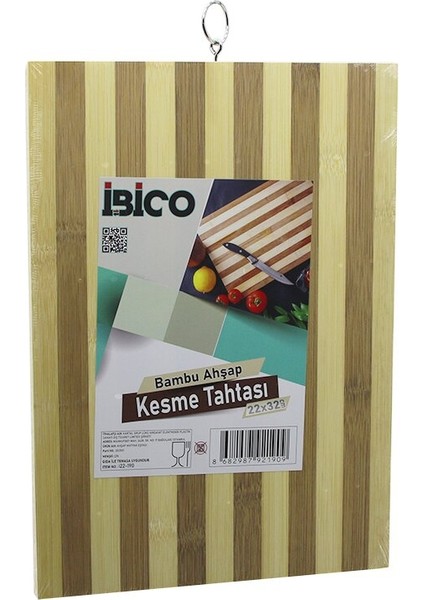 22 x 32 x 1.4cm Beyaz Çizgili Ahşap Bambu Kesim Panosu - Kesme Tahtası Metal Kulplu
