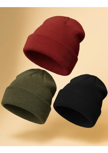 Unisex Basic Triko Yünlü Düz Bere 3'lü Set Bordo Gri Siyah
