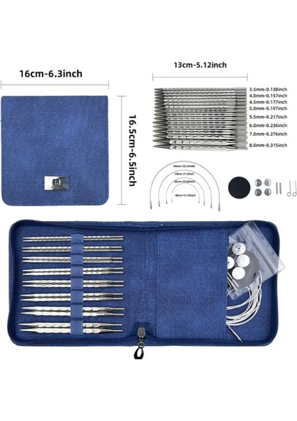 Mavi Çantalı Misinalı Şiş Seti, Örgü Kiti, 8 Çift Şiş Seti, Çantalı Şiş Seti