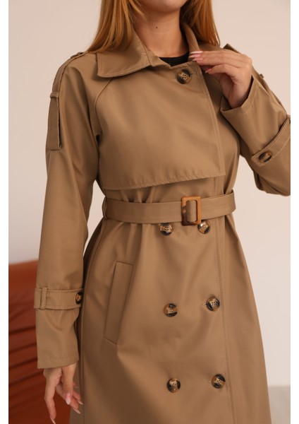 Kadın Uzun Kemerli Trençkot - Bej & Siyah Renk Seçenekli Şık Dış Giyim fiyatları
