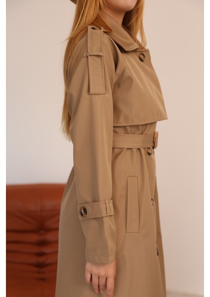 Kadın Uzun Kemerli Trençkot - Bej & Siyah Renk Seçenekli Şık Dış Giyim modelleri