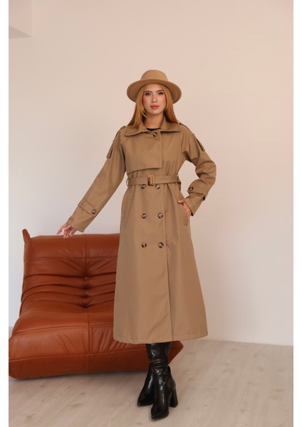 Kadın Uzun Kemerli Trençkot - Bej & Siyah Renk Seçenekli Şık Dış Giyim indirimleri
