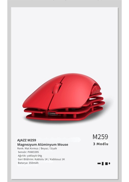 M259 Alüminyum Magnezyum Alaşımlı Oyuncu Mouse, Pixart PAW3395 Optik Sensör, 26000 Dpı 2.4ghz / Usbc fiyatları