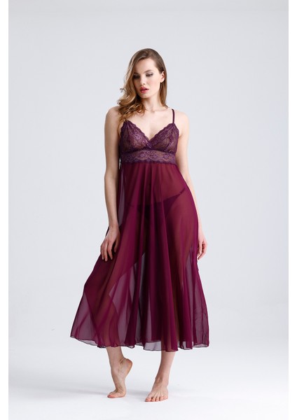 Göğüs Altına Kadar Dantelli Tül Kumaşlı Uzun Gecelik 85470