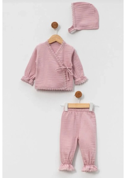 Müslin Fırfır Detaylı 3'lü Şapkalı Set Takım