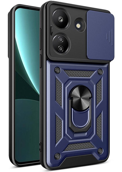 Xiaomi Poco C65 Kılıf Magnetik Standlı Kamera Korumalı Ata Sürgülü Vega Kapak-Mavi