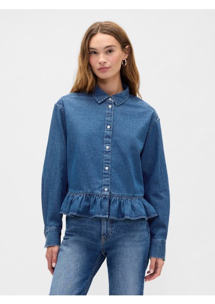 Kadın Mavi Relaxed Cropped Poplin Peplum Gömlek