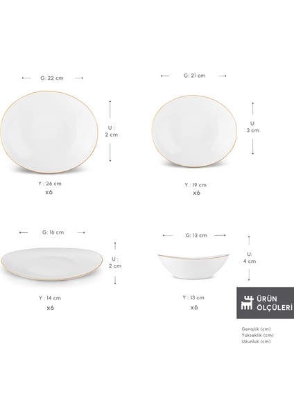 Pure 24 Parça Opal Cam Yemek Takımı, 6 Kişilik – Altın Renkli, Zarif ve Modern Tasarım fiyatları