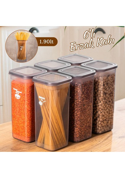 432 gr 6lı Etiketli Kare Un Erzak Bakliyat Saklama Kabı Takımı Seti 1.90 Lt - Gri