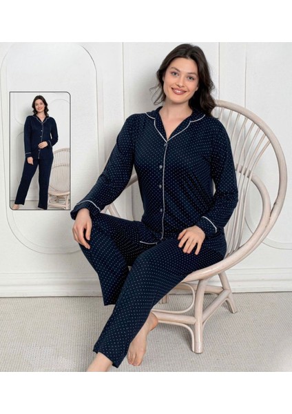 Desenli Uzun Kollu Rahat Kadın Düğmeli Pijama Takımı