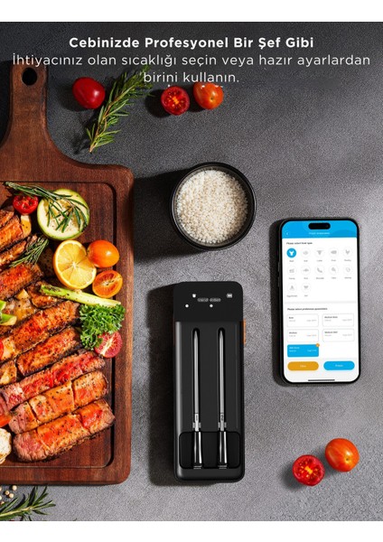 Kablosuz Et Termometresi 2 Problu, Sınırsız Wifi Menzili, IP68 Su Geçirmez, Gerçek Zamanlı Izleme, Izgara, Fırın ve Tütsüleme Uyumlu - B5192011