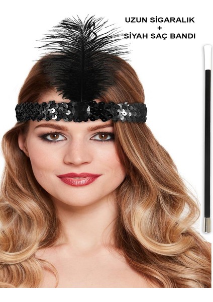 Siyah Retro Charliston Saç Bandı & Sigaralık