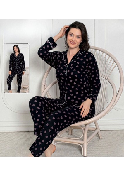 Desenli Uzun Kollu Rahat Kadın Düğmeli Pijama Takımı