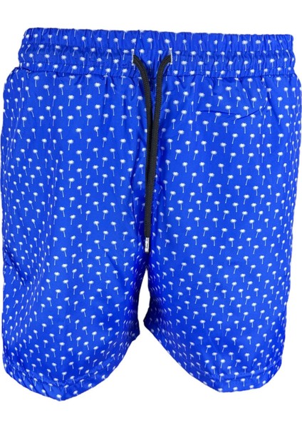 Mavi Desenli Fileli Fermuar Cepli Deniz Şortu
