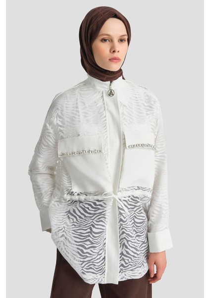 Taş Işlemeli Gizli Fermuarlı Ceket-Ekru 25YT508 fiyatları