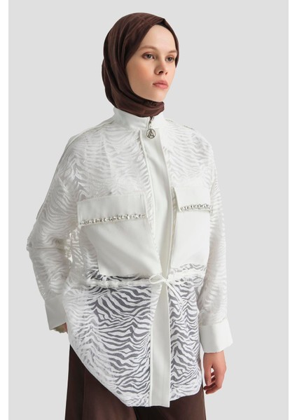 Taş Işlemeli Gizli Fermuarlı Ceket-Ekru 25YT508 fırsatları