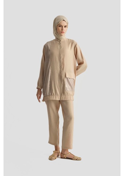 Pul Desenli Fermuarlı Cepli Pantolonlu Ikili Takım-Bej 25YT670