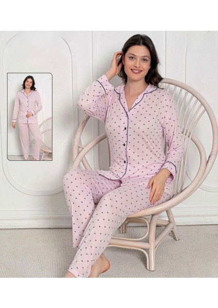 Desenli Uzun Kollu Rahat Kadın Düğmeli Pijama Takımı