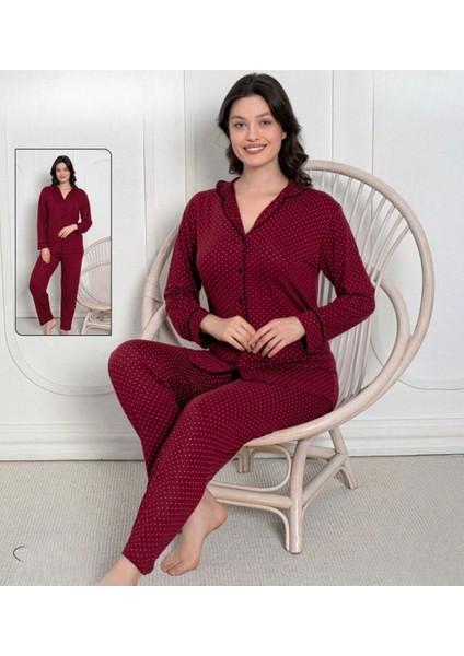 Desenli Uzun Kollu Rahat Kadın Düğmeli Pijama Takımı