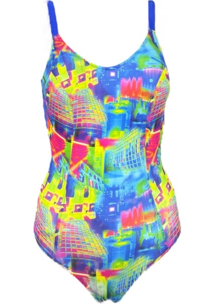 Lacivert Etnik Desenli Çok Renkli Şık Kadın Mayo