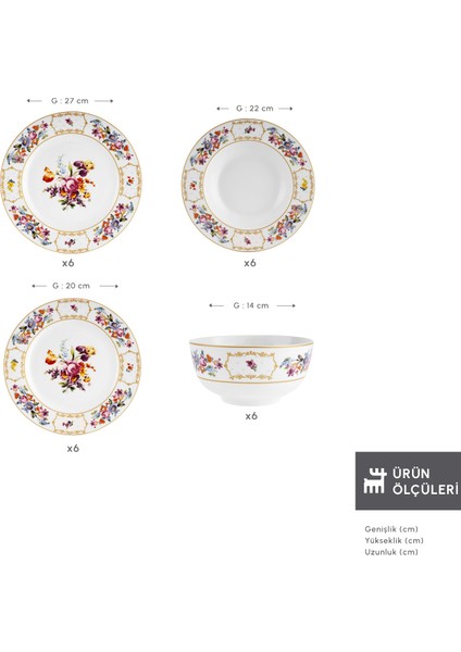 Gülşah 24 Parça Çok Renkli Yemek Takımı 6 Kişilik Bone Malzemeden Üretilmiştir fiyatları