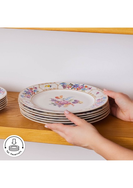 Gülşah 24 Parça Çok Renkli Yemek Takımı 6 Kişilik Bone Malzemeden Üretilmiştir