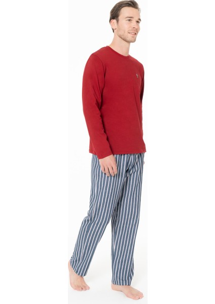 Erkek Pijama Takım, Alt Çizgili, Üst Düz Renk