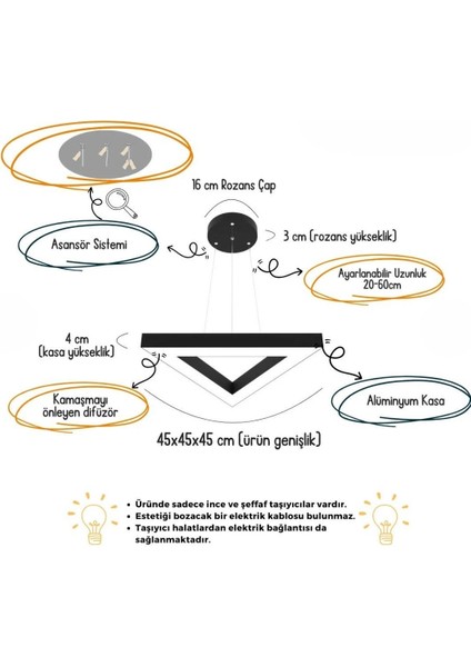 Trıan ( Siyah Kasa, Gün Işığı ) Ledli Modern LED Avize, Salon, Mutfak, Antre, Hol, Masa, Sarkıt modelleri