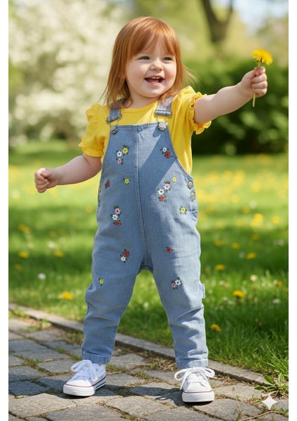 Hasır Şapkalı Sarı Çiçekli Salopet Kız Bebek Çocuk 3'lü Takım 6/9 Ay, 9/12 Ay, 12/18 Ay, 18/24 Ay