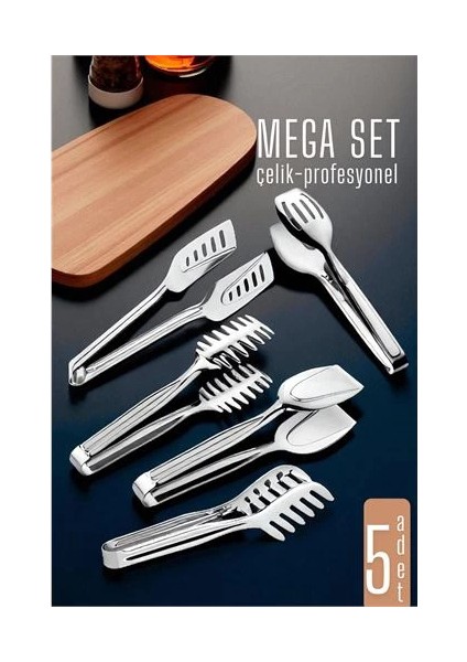 Modacar Mutfak Maşa Seti - Makarna Pasta Salata Çok Amaçlı Maşa 5 Li Set 304 Paslanmaz Çelik