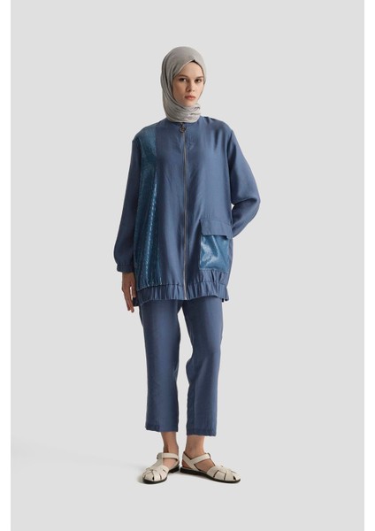 Pul Desenli Fermuarlı Cepli Pantolonlu Ikili Takım-Indigo 25YT670