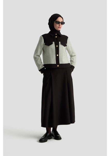 Gold Düğme Detaylı Süs Cepli Etekli Tüvit Ikili Takım Siyah 25KT605