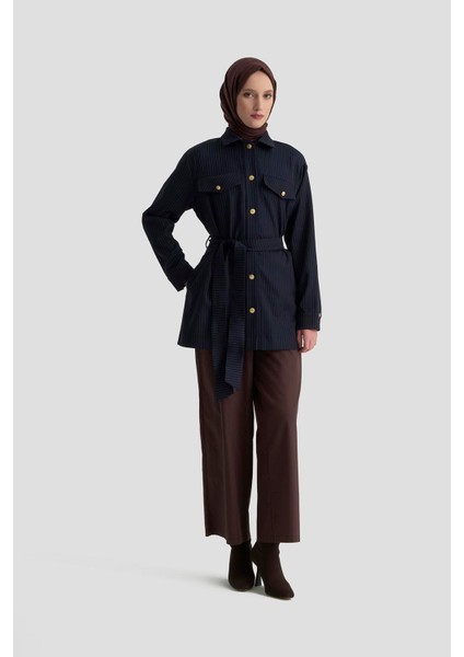 Gold Düğme Detaylı Belden Kuşaklı Çizgili Ceket 25KT511