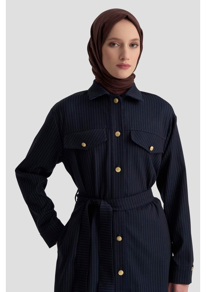 Gold Düğme Detaylı Belden Kuşaklı Çizgili Ceket 25KT511 fiyatları