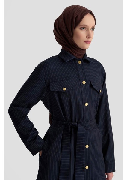 Gold Düğme Detaylı Belden Kuşaklı Çizgili Ceket 25KT511 modelleri