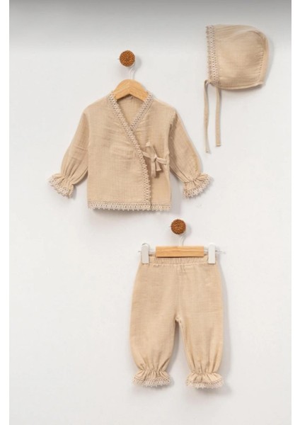 Müslin Fırfır Detaylı 3'lü Şapkalı Set Takım fiyatları