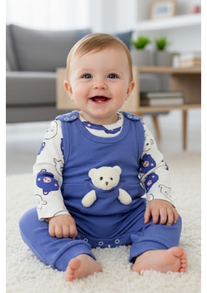 Ayıcıklı Raporlu Kumaş Erkek Bebek Çocuk Tulum 3 Ay, 6 Ay, 9 Ay