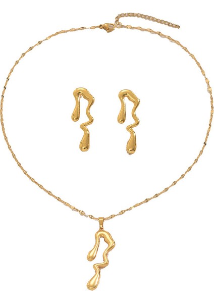 Altın Düzensiz Kavisli Kolye ve Küpe Seti (Yurt Dışından)