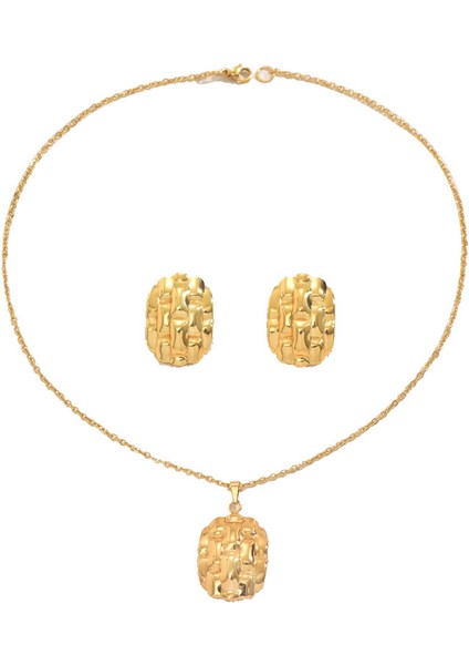 Altın Tonlarında Fırfırlı Kolye ve Küpe Seti (Yurt Dışından)
