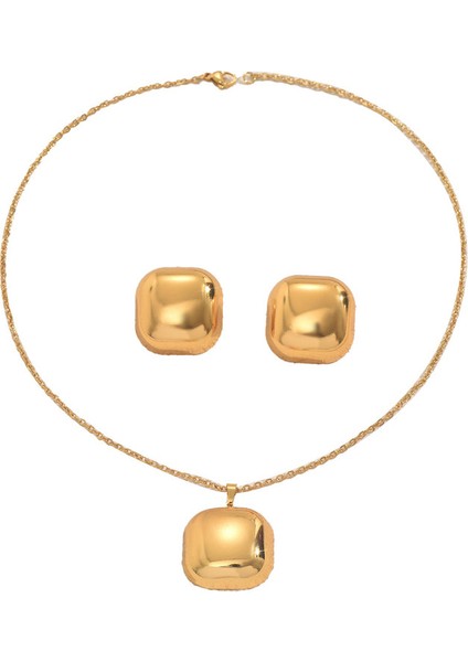 Altın Kare Kolye ve Küpe Seti (Yurt Dışından)