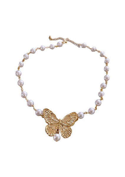 Zarif, Tatlı Suni Inciler ve Kelebek Kadın Köprücük Kemiği Kolyesi (Yurt Dışından)