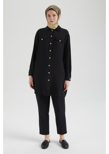 Cep Detaylı Düğmeli Tunik-Siyah 25YT4145